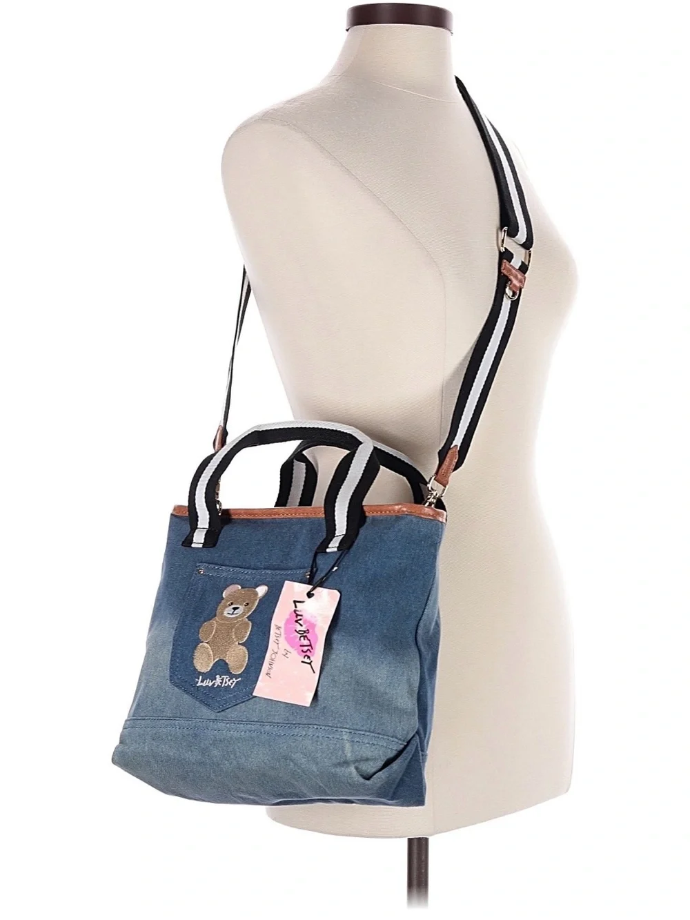 Betsey Johnson luv Betsey denim teddy bear tote shoulder bag purse NWT